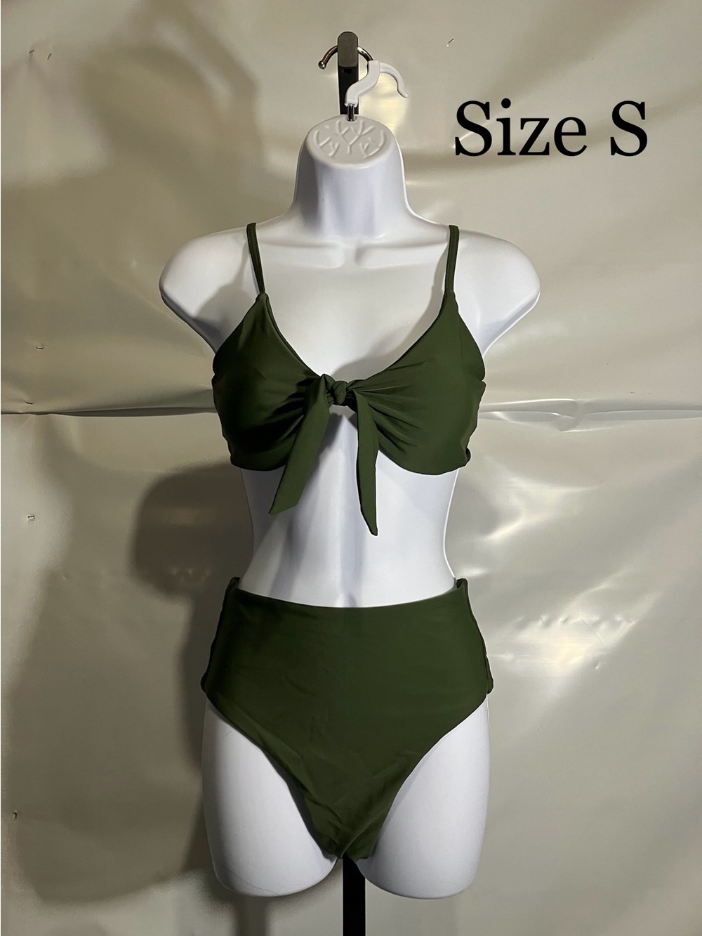 Women’s Olive Green Tie-Front High-Waist Bikini Swimsuit  Size S